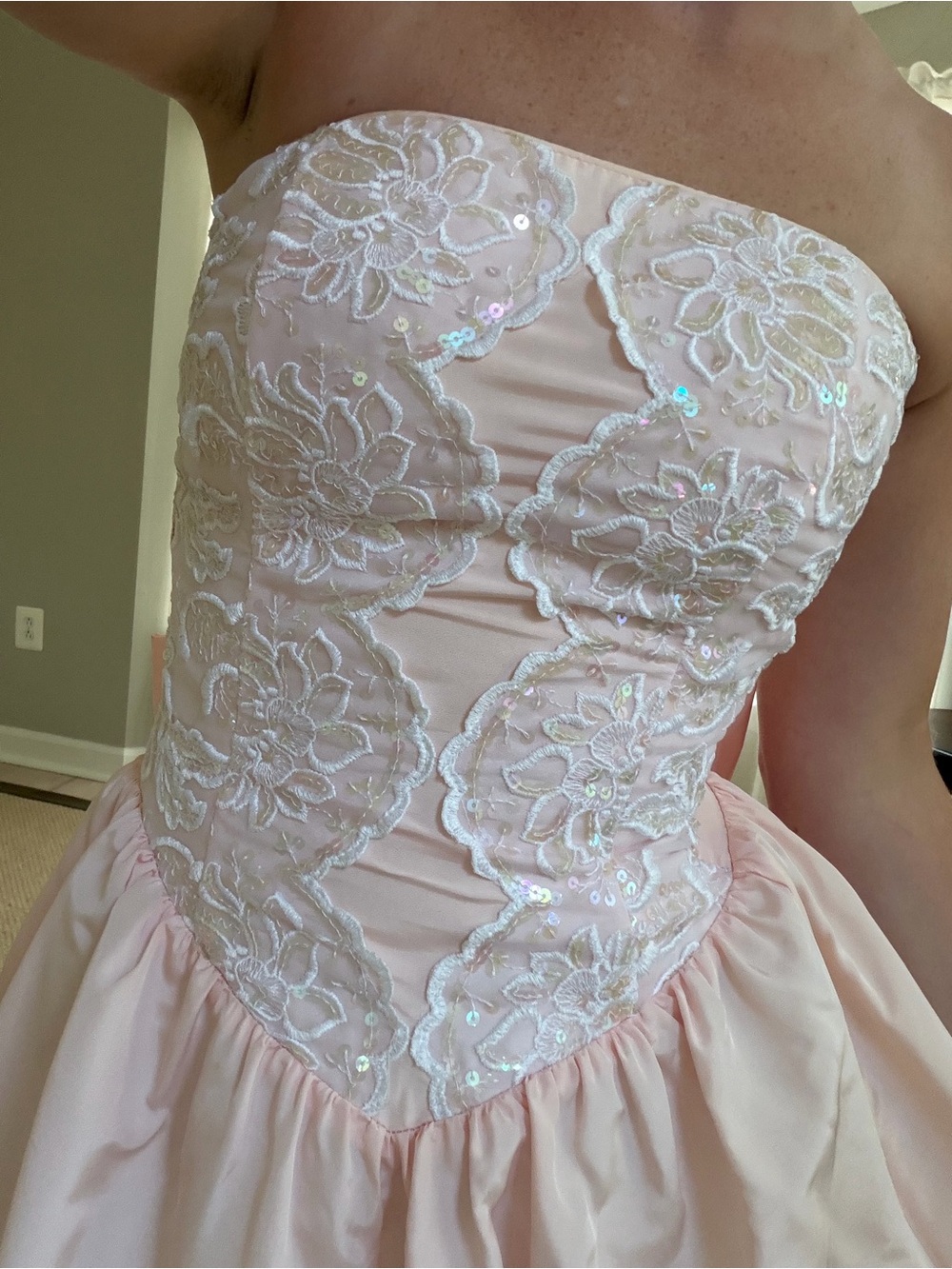 Gunne Sax Strapless Pale Pink Lace & Sequin Appliqué Dress